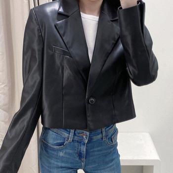 Women’s Black Faux Leather Biker Coat, Short Sleeves