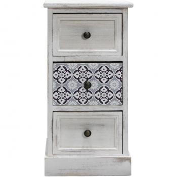 Table de chevet majolique avec 3 tiroirs en bois blanc 30x60x25cm