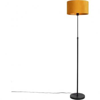 Lampada da terra nera con paralume in velluto giallo ocra e dettagli dorati, 35 cm di altezza