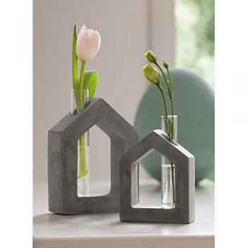 Dekoleidenschaft Tischvase Haus aus Beton mit Glasröhrchen für Einzelblumen, Deko-Set (2 Stück)