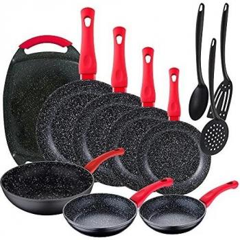 Set completo de cocina 11 piezas: 6 sartenes Energy Ø18/20/22/24/26/28 cm + 1 Sartén Wok Ø26 cm + 1 Plancha grill 37x25 cm, aluminio forjado, negro + 3 utensilios de cocina en nylon