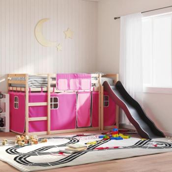 Lit superposé chambre enfant 90x190 cm, toboggan, rideaux assortis
