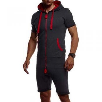 Leif Nelson Herren Schlafanzug-Jumpsuit Kurzarm, Größe S, Anthrazit-Rot