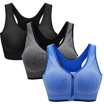 Damen-Sport BH Zoeree – Push-Up Zip Front, 3-Pack Impact Yoga Model (80B-85C, Schwarz, Grau, Blau)