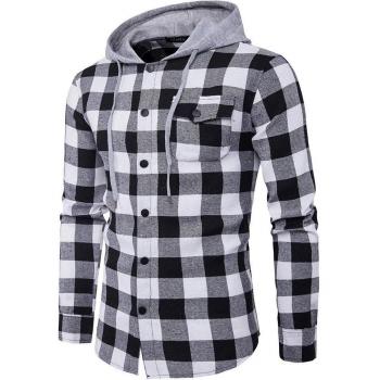 Men's Casual Plaid Hooded Dress Shirt