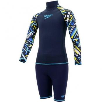 Speedo Garçon maillot bain long + anti‑rash – UPF 50+, couleur bleu marine/turquoise – Tél. 8