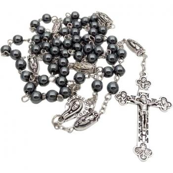 Vintage Catholic Rosary Necklace with Hematite Beads and Cross