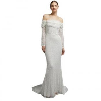 Coastal Sequin Bardot Long Sleeve Maxi Gown, Ivory, Size 10 – Coast