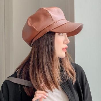 Gorro de boina octogonal de PU para mujer, color sólido, otoño e invierno