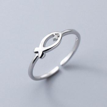 Classic 925 Sterling Silver Fish Ring with Zircon for Women