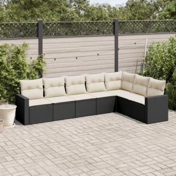 Conjunto de comedor de jardín 7 pzas y cojines ratán sintético negro