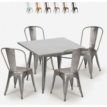 Juego bistró de cocina 4 sillas vintage y mesa industrial 80x80 cm