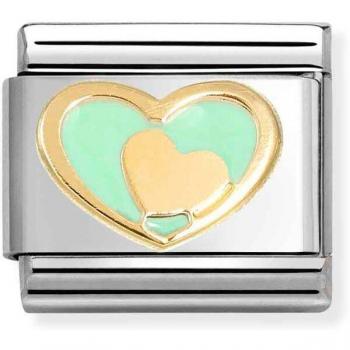 Double Heart Stainless Steel & 18ct Yellow Gold Pastel Green Classic Charm (030283/29)