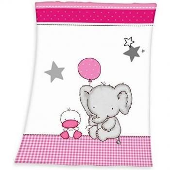 Elefant Babydecke Fynn, 75 x 100 cm, Weiß/Rosa, Microfaserflausch