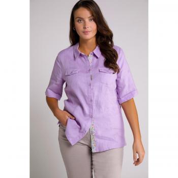 Blusa Donna in Lino Blu con Collo a Camicia e Motivo Floreale, Taglia 56/58