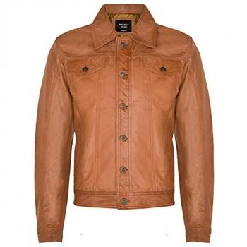 Men’s Smooth Casual Tan Trucker 100% Leather Shirt Jeans Jacket 4XL