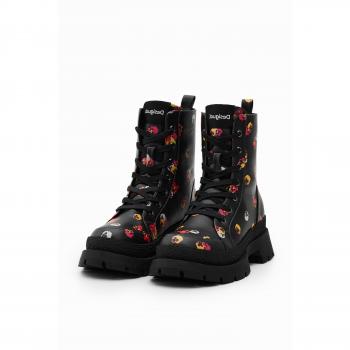 Desigual Botas Altas Negras con Detalle Floral y Cierre de Cordón