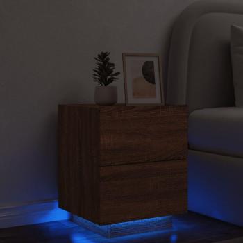 Día y Noche Mesita de noche con luces LED madera de ingeniería roble marrón