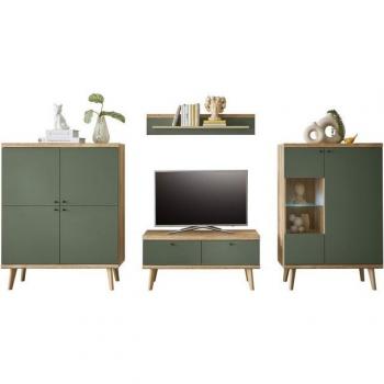 Möbelset „MAVAS“ – 324 cm breite Wohnwand, modernes Braun, Metallgriffe
