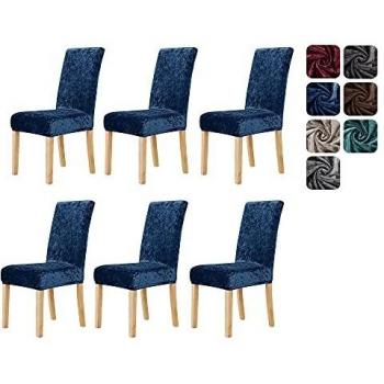 Velvet Stretch Slipcovers for Dining Chairs, Elastic Design, Dark Blue, Bundle of 6