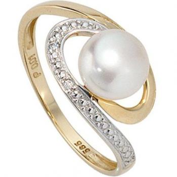JOBO Damenring 60 mm: Gelbgold 585 + Süßwasser‑Zuchtperle & 2 Diamanten