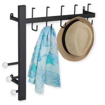 Space-Saving Coat Rack with 8 Hooks, Wall-Mounted, Black Steel, HxWxD: 53 x 64 x 15.5 cm