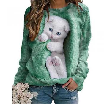 Vêtement féminin 4XL blanc chat vert – tee-shirt longue manche
