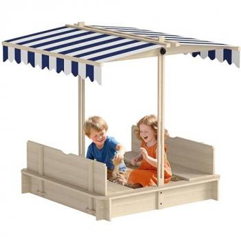 Sabbiera Bambini Tettuccio Legno 106x106x121 cm – Bianco e Blu
