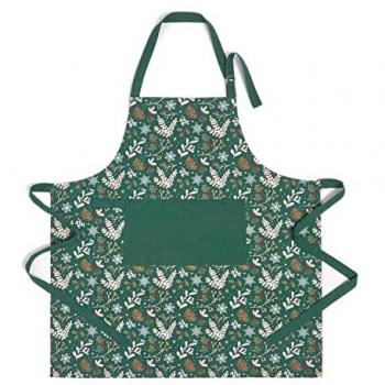Festive Forest Green 100% Cotton Christmas Apron with Pocket and Holly Design
