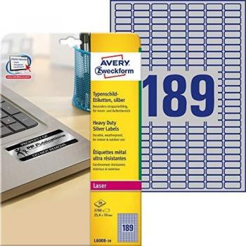 Avery Laser Heavy Duty Label 25.4x10mm 189 Per A4 Sheet Silver Pack