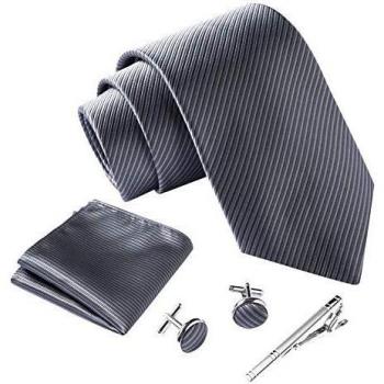 Massi Morino Herren Krawatten-Set Grau Gestreift inkl. Manschettenknöpfe