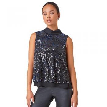 Petite Women's Navy Sequin Roll Neck Top