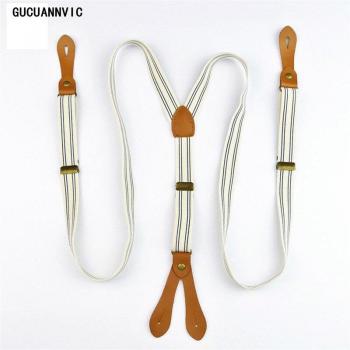 Adjustable Leather Suspenders with Elastic Stripes and 4 Bronze Buttons for Men and Women