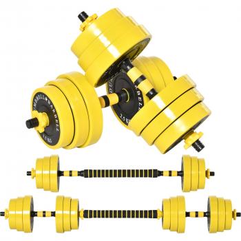 HOMCOM 25 kg Hantelset 3-in-1 mit 12 Platten und 2 kurzen Stöcken in Gelb Schwarz