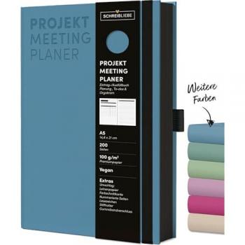 Projekt-Meeting-Planer Aqua: Notizbuch A5, Ausfüllbuch mit Farbschnittkante, Lesebändchen, Stiftehalter und Gummiband, 200 Seiten