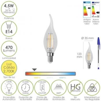 Bombilla LED Filamento Vela Llama E14 4,5W 35W Equivalente 470 Lúmenes Luz Cálida 2700K