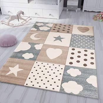 Vimoda Kinderteppich Herz Stern Wolke Türkis, Rechteckig, Höhe: 12 mm, Läufer Kinderzimmer kariert Kinderzimmer Babyteppich