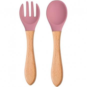 Couverts d’apprentissage bébé – cuillère et fourchette en silicone, poignée bois