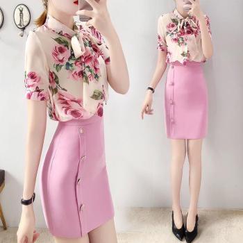 2 Piece Summer Twinset for Women with Rose Print Bow Blouse & Slim Skirt