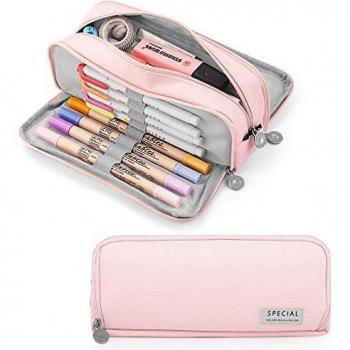 Triple‑Compartment Pink Pencil Box