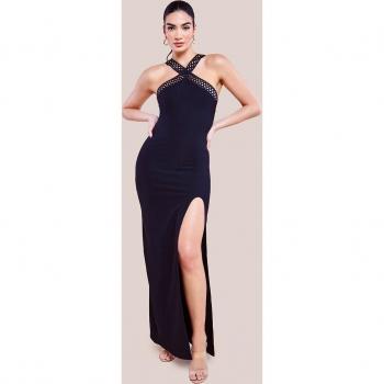 Women's Ribbed Criss‑Cross Halter Maxi Dress with Thigh Split in Black (Size 14)