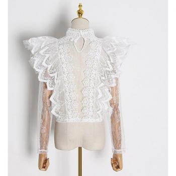 VGH Women's Ruffle Sleeve Lace Top with Hollow Out Design