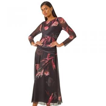 Black Roman Floral Mesh Maxi Dress, Size 12