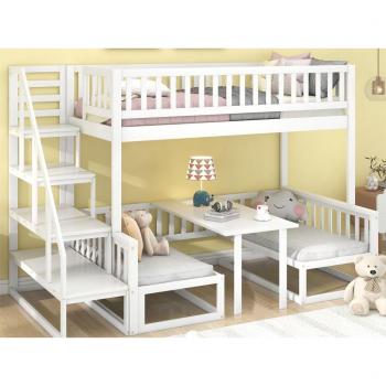 Lit double mezzanine 90x200 cm + 120x200 cm – bois pin, table réglable, canapés, sommiers à lattes – Blanc