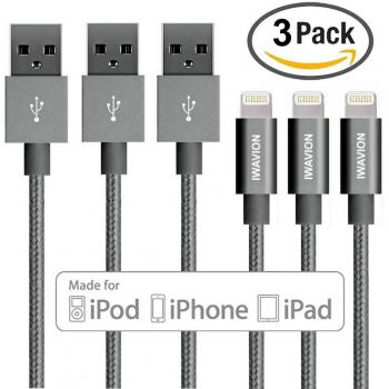 IWAVION Lightning Cable, 3PCS 3FT/1M Nylon Braided 8 Pin Syncing and Charging USB Cables Charger Cord for iPod