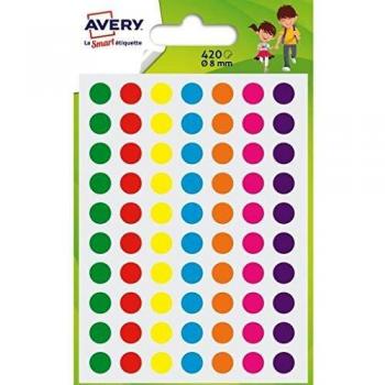 Pastilles autocollantes AVERY 420 couleurs assorties diamètre 8 mm