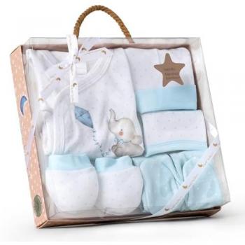 SET 5 PCS(CAMISA+CALÇA+LUVA+BAVETE+MEIAS)+RECÉM-NASCIDOS(0-6 MESES)-100%ALG.-MOD. ELEFANTE