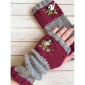 Women's Plus Velvet Bird Embroidered Gloves