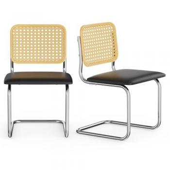 Rattan Effect Cantilever Style with Padded Seat Dining Chairs Set
