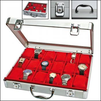 Herren Uhrenbox Alu für 18 Uhren mit rotem Innenfutter
